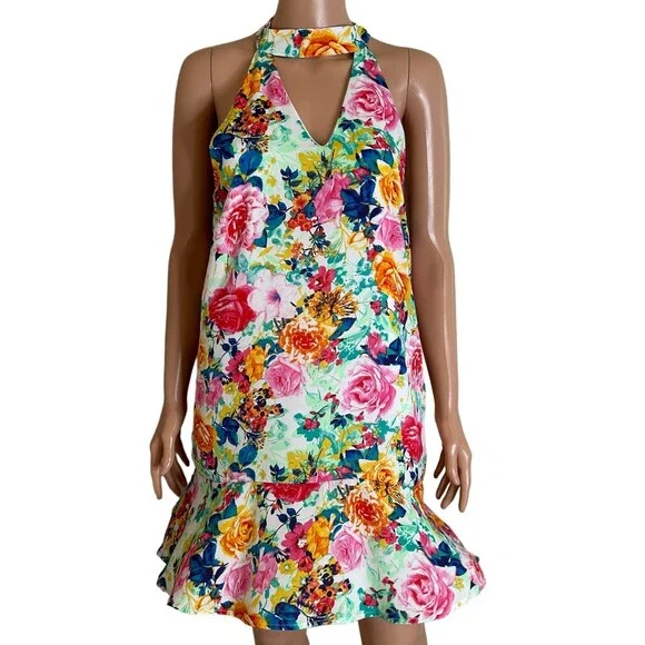 Peach Love dress floral print halter neck short open V back & front SZ MD summer - Picture 2 of 9